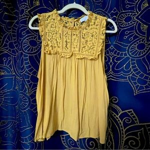Yellow Sleeveless Forever 21 boho top with embroidered flower lace